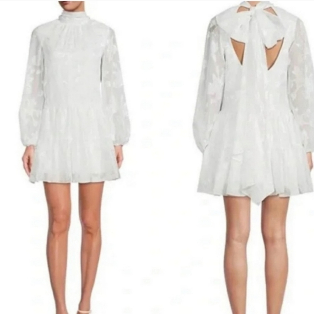 New badgley Mischka Ansley Floral Print WhiteDress w/ Puff Sleeves NWT